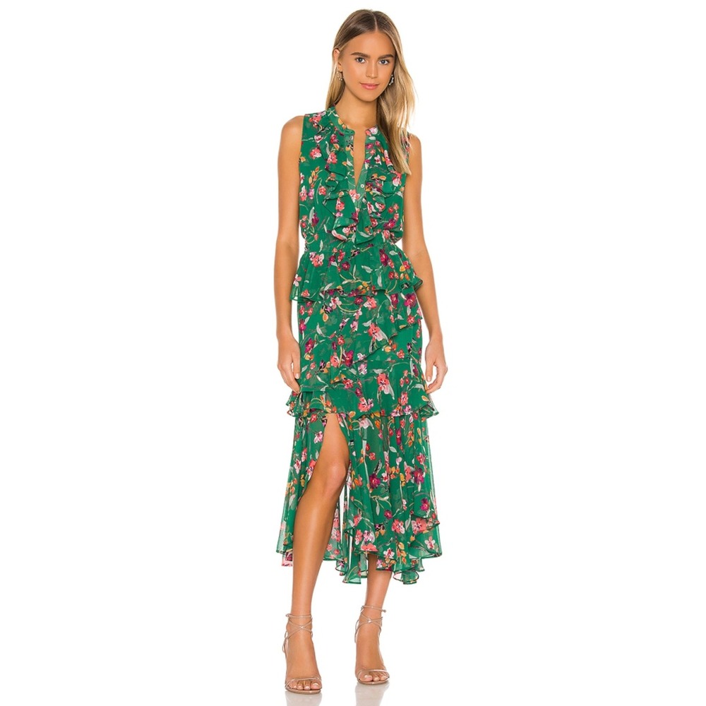 MISA Los Angeles Ilona Kelly Blooms Floral Chiffon Midi Dress Green Ruffle M
